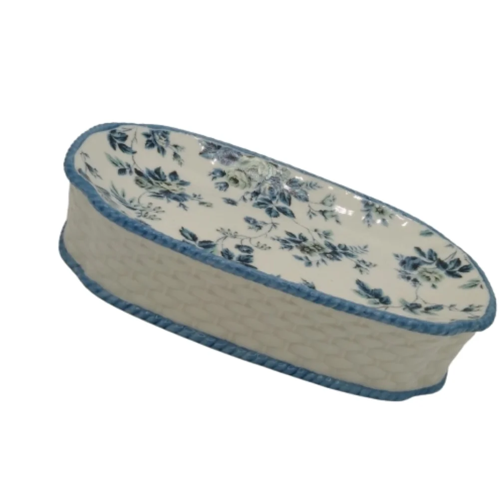 Springs Garden Room Basketweave Blue Roses Floral Porcelain Soap Dish